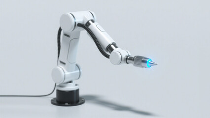 White Robotic Arm (With Glowing Blue Tip) Mounted on a Black Base, Against a Minimalist Light Gray Background &ndash; For Precision Automation, Tech Manufacturing & Futuristic Industrial Tool Visual Concept