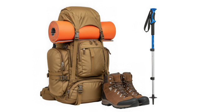 A large hiking backpack with sleeping pads, hiking boots, and a trekking pole, isolated on transparent background