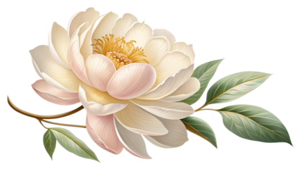 A highly detailed vector illustration of a single peony flower in full bloom, featuring soft creamy white and blush pink petals with delicate gradients and fine vein textures. The center should show r