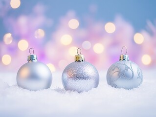 Three White and Silver Christmas Ornaments on Snow with Blue Purple Bokeh Lights, Minimalist Professional Photography