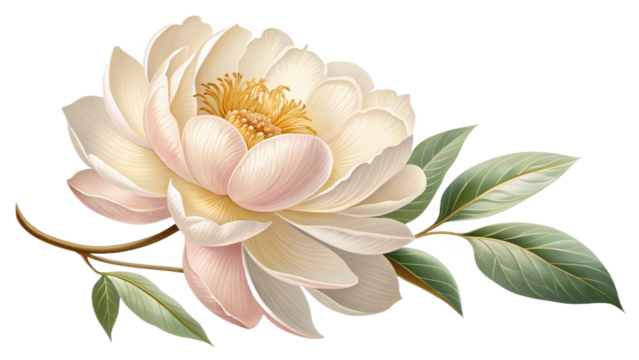 A highly detailed vector illustration of a single peony flower in full bloom, featuring soft creamy white and blush pink petals with delicate gradients and fine vein textures. The center should show r - Powered by Adobe