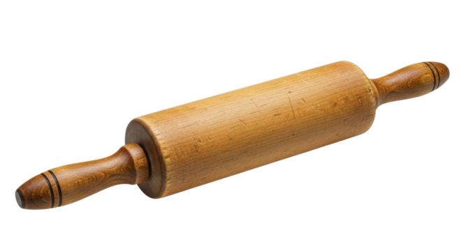 Classic wooden rolling pin for baking kitchen dough preparation and culinary tasks isolated on transparent background