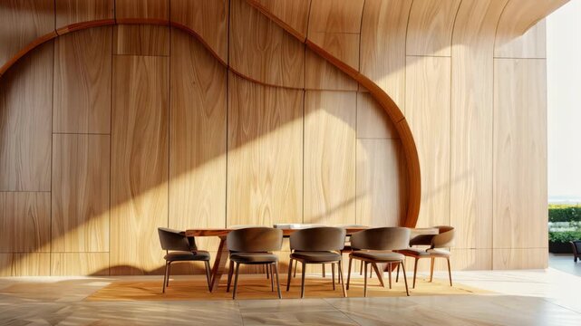Discover a striking dining room featuring modern furniture against a wooden wall. The interplay of natural light and shadows creates an inviting atmosphere for gatherings.