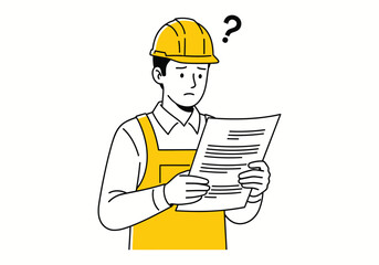 Confused Construction Worker Reading Document Building Project Planning Illustration
