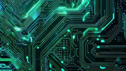 This abstract image showcases a circuit board design with vibrant neon green elements against a dark background, perfect for technology and digital themes. - Powered by Adobe