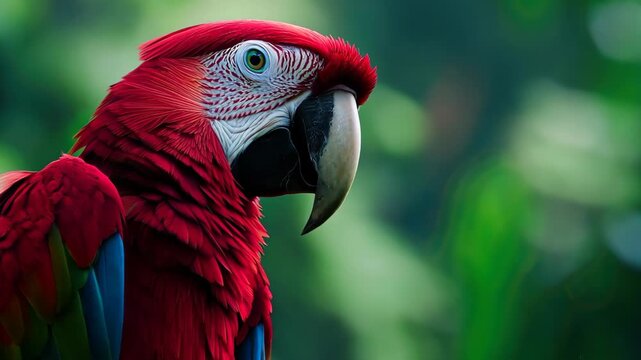 A stunning red Macaw parrot perched gracefully on a branch showcases its vibrant feathers in a lush green environment, epitomizing the beauty of wildlife.
