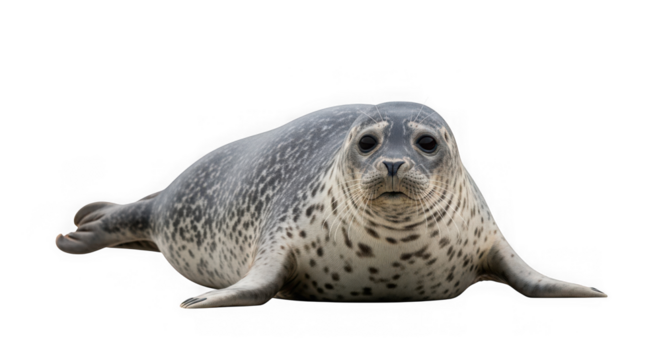 A cute spotted seal lying down and looking directly at the camera, isolated on a pure transparent background