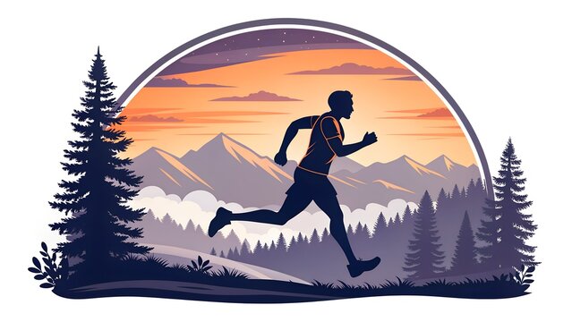 A minimalist illustration of a man running along a mountain trail against a backdrop of sunset, pine trees, and mountain silhouettes. - Powered by Adobe
