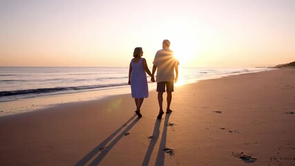 A couple strolls hand in hand on a quiet beach as the sun sets, painting the sky with warm colors. They cherish their time together, sharing smiles and peaceful moments. - Powered by Adobe