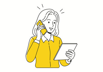 Woman Talking on Phone and Using Tablet Modern Business Communication Concept Illustration