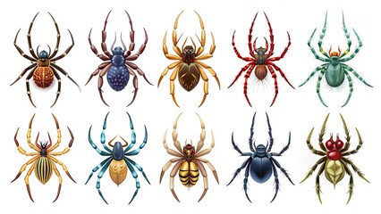 A collection of colorful spiders on a white background. Various spider species in bright colors, perfect for educational materials or entomology topics. Concepts of hunting, stealth, and attack.