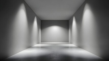 Obraz premium Brightly lit, empty minimalist corridor with spotlights illuminating the walls.