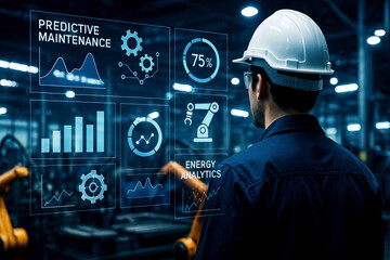 Factory worker in white hard hat viewing predictive maintenance and energy analytics on a futuristic interface