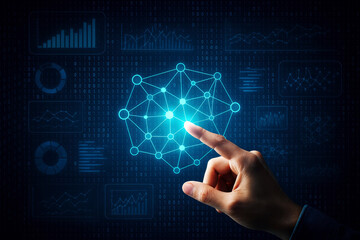 Obraz premium Finger interacting with illuminated neural network on a digital interface artificial intelligence machine learning