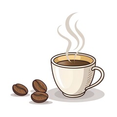 A cup of hot coffee with steam and roasted beans. Vector illustration on a white background, perfect for a cafe menu, coffee shop design, or morning drink concept.