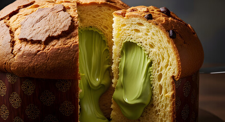 Side view of pistachio-filled panettone being cut, vibrant and elegant composition.