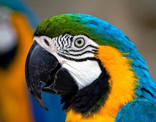 Close-up captures a colorful parrot with striking plumage, peering intently