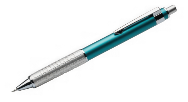 A metallic teal and silver mechanical pencil with a clip, isolated on transparent background