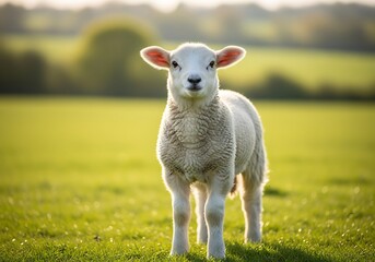 Fototapeta premium A cute white lamb stands alone in a vibrant green pasture under soft, warm sunlight, looking directly at the viewer.