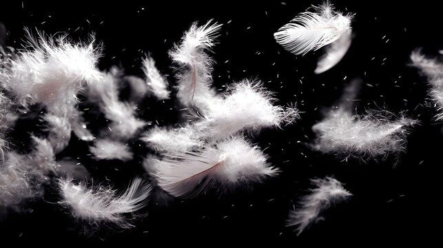 Delicate white feathers drift and float against a dark backdrop. - Powered by Adobe