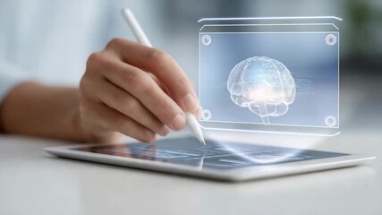 Medical professional manipulating holographic brain model using digital stylus on tablet screen, representing cutting edge neurological diagnostic technology and medical innovation - Powered by Adobe