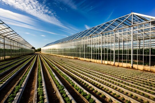 Greenhouses and drip-irrigated crop rows under clear sky, showcasing sustainable farming, spatial efficiency, and modern agricultural systems