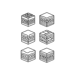 Six isometric cubes with different layered textures and patterns