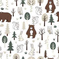 Obraz premium Cute Woodland Forest Animal Seamless Pattern with Bear, Squirrel, Rabbit, and Owl