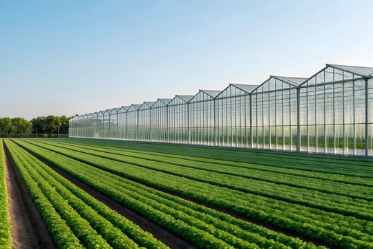 Large modern greenhouse complex beside neat crop rows, combining outdoor farming with controlled-environment agriculture for high efficiency
