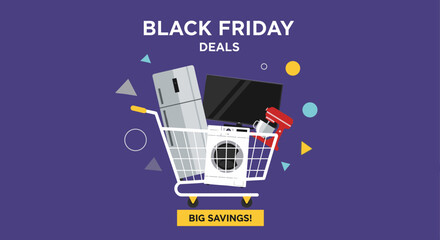 Black Friday Deals Shopping cart filled with appliances and electronics on purple background