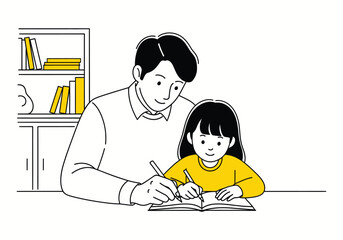 Cartoon vector illustration of a father and son reading a book together, showcasing a family moment of childhood education and learning