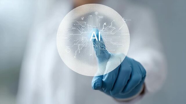 Scientist wearing blue gloves interacts with a futuristic digital interface displaying ai, symbolizing the control and utilization of artificial intelligence
