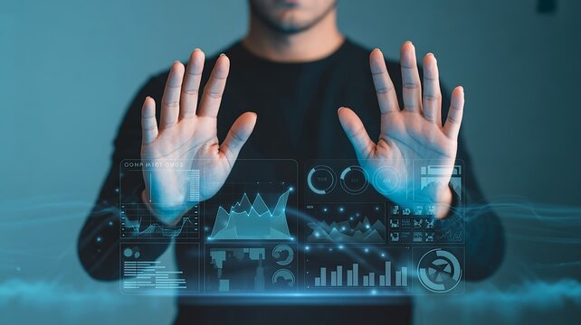 Person interacting with futuristic holographic data interface displaying charts and graphs image