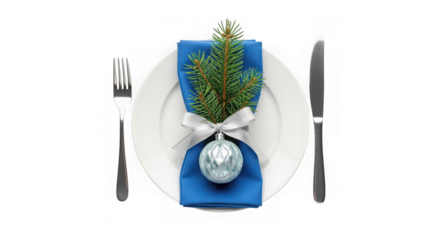 Elegant christmas dinner place setting with blue napkin, silver ornament, pine sprig, fork, and knife isolated on transparent background