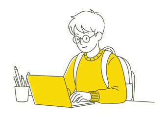 A boy working on a laptop in an office. vector illustration.