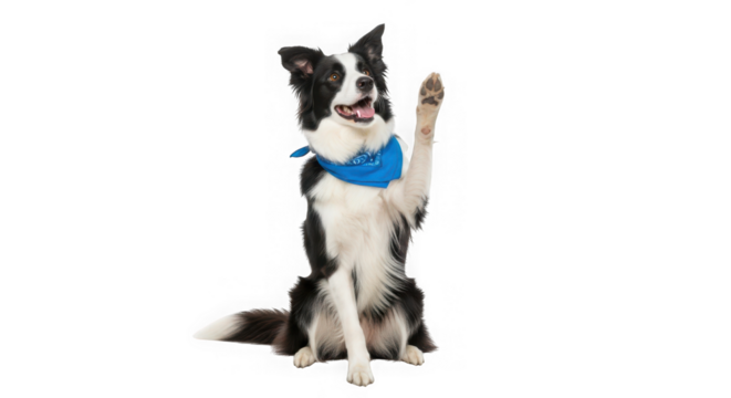 Happy border collie dog wearing a blue bandana, sitting and raising its paw in a greeting gesture isolated on transparent background