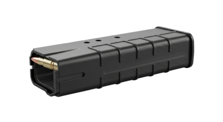 A close-up studio shot of a black tactical firearm ammunition magazine filled with bullets. isolated on transparent background