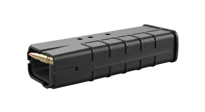 A close-up studio shot of a black tactical firearm ammunition magazine filled with bullets. isolated on transparent background