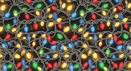 A vibrant and tangled pattern of glowing multi-colored Christmas string lights against a dark background, creating a festive and chaotic display.