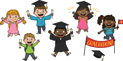Happy kids celebrating graduation with diplomas and caps, joyful children jumping in excitement, school success, and educational achievement illustration