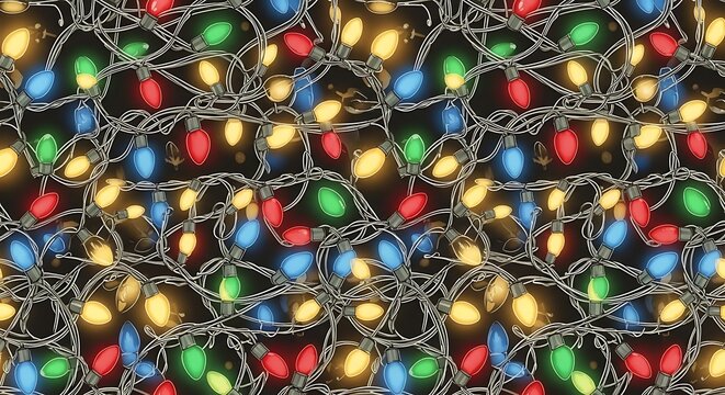 A vibrant and tangled pattern of glowing multi-colored Christmas string lights against a dark background, creating a festive and chaotic display.