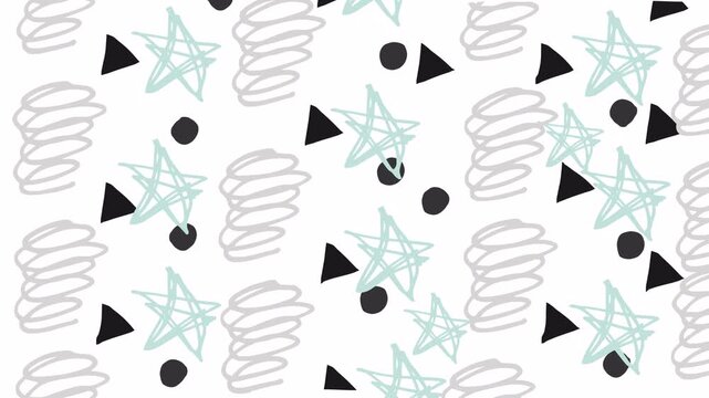Abstract Hand-Drawn Pattern with Stars, Triangles, and Swirls on White Background.