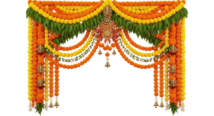 Vibrant traditional indian wedding toran decorative garland for festive occasions and celebrations isolated on transparent background