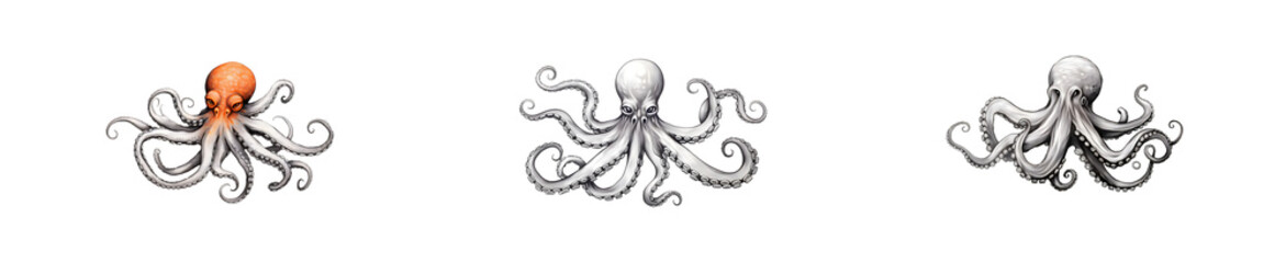 Three Detailed Illustrations Octopuses One