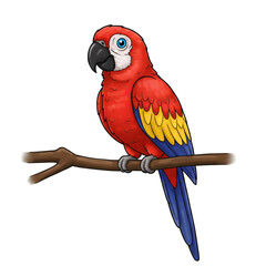 Scarlet Macaw Perched on Branch: Vibrant Tropical Bird Illustration isolated on transparent background