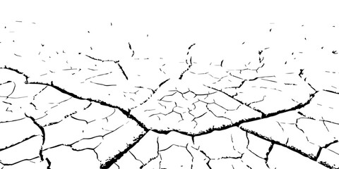 Cracked dry earth texture showing drought and arid landscape pattern. High-contrast black and white cracked soil background perfect for environmental, abstract, or texture design projects.