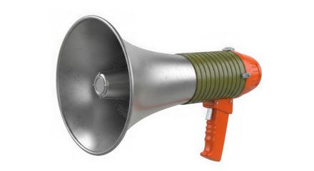 A red and silver megaphone with a green handle, isolated on transparent background