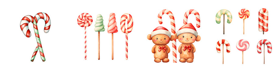 Assorted festive candy canes swirled lollipops and gingerbread figures with Santa hats transparent background