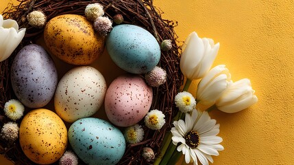 Obraz premium Festive flat lay of hand-painted pastel Easter eggs in a rustic grapevine wreath. Fresh spring tulips and daisies sit on a vibrant solid yellow background.