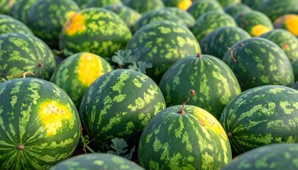 Close-up perspective showcasing a multitude of mature, striped, green watermelons in a field